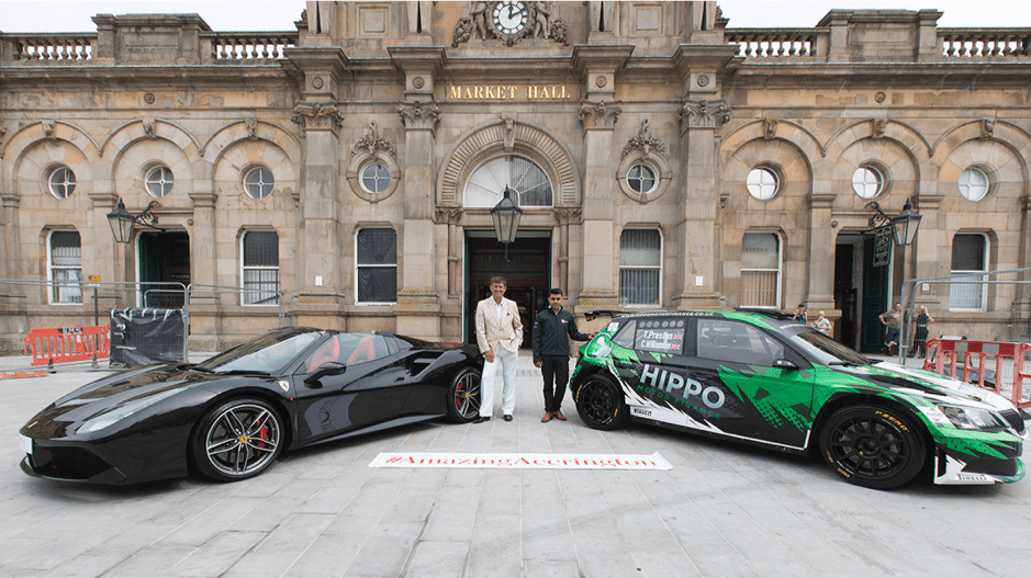 Ferrari and Skoda rally car with Fahad Hussain, Hippo Motor Group Marketing Manager and Miles Parkinson leader of Hyndburn Borough Council